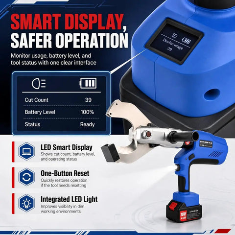 Cordless Hydraulic Cable Cutter With LED Display Heavy Duty Electric Wire Cutting Tool 18V 4.0Ah Battery Powered 150KN To 250KN Cutting Power For Copper Aluminum And Armored Cables Cuts Up To 85 To 120 Mm showing LED display and battery level
