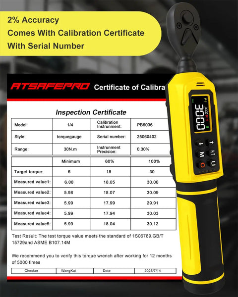 Quarter Inch Digital Torque Wrench With Color Screen And Five Units In Lbs Ft Lbs Nm KgF Cm Kg M For Bike Auto And DIY Projects Two Percent Accuracy Buzzer Vibration And LED Alerts shown with calibration certificate
