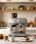 Heavy Duty Dual Boiler Espresso Machine With Built In Grinder And 20 Bar Pressure For Ridiculously Smooth Shots featuring coffee cups and desserts.
