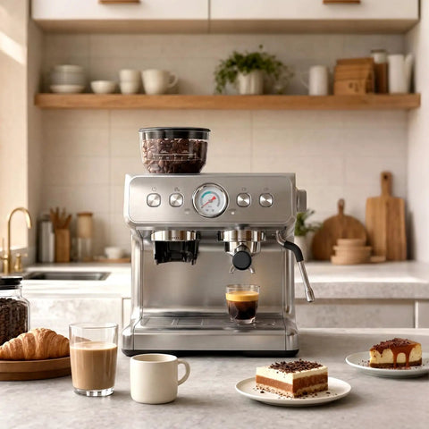 Heavy Duty Dual Boiler Espresso Machine With Built In Grinder And 20 Bar Pressure For Ridiculously Smooth Shots featuring coffee cups and desserts.