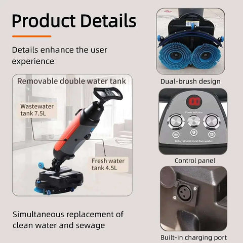 Cordless 18 Inch Walk Behind Floor Scrubber With Dual Brushes, 120 Minute Battery Power, 360 Degree Rotating Head, Red Beast