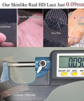 HD 2x6 Swiss Lace Closure With Melt Skin For Glueless Install showing 0.09mm thickness on digital micrometer, lace details visible.