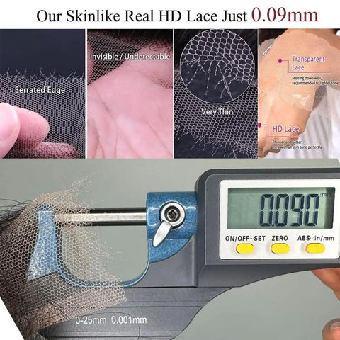 HD 2x6 Swiss Lace Closure With Melt Skin For Glueless Install showing 0.09mm thickness on digital micrometer, lace details visible.
