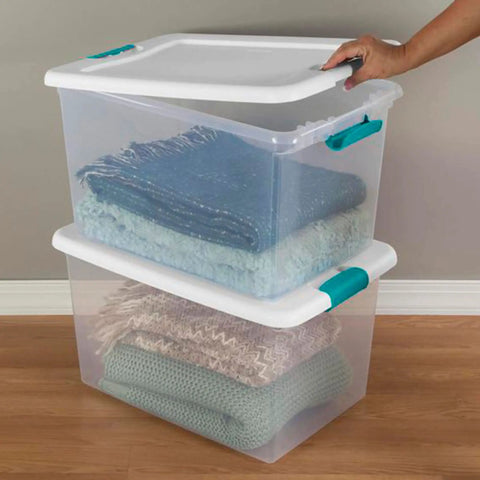 Hella Tough 64 Quart Clear Plastic Stackable Storage Containers With White Latch Lids And Ocean Blue Hinges 48 Pack Bpa Free Home Organization Totes To Squash Your Bedroom Clutter Now