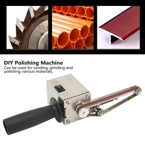 Heavy Duty Mini Belt Sander Workhorse Packing 150 Watt Brass Core Motor And Quick Shift Speed Dial, showing grinding function.