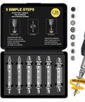 Power Drill Screw Extractor Set With Bolt Extractor Kit, HSS 4341#, 10pc in black case, reverse drill attachments shown up close