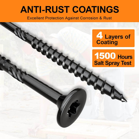 Deck Screws 2-1/2 Inch, Number 10, 108 Pack, star drive, anti-corrosion, T25 bit included, black finish, close-up view
