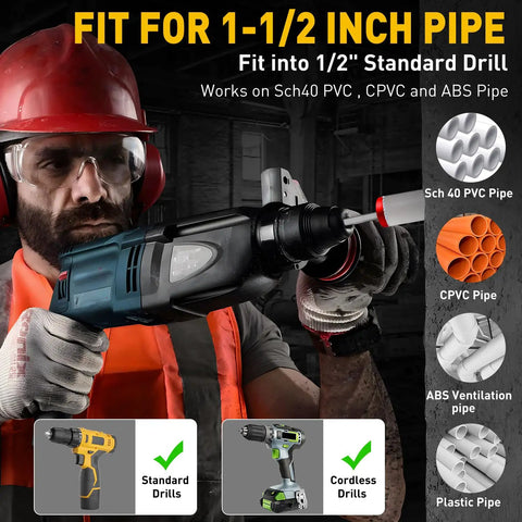 PVC Pipe Reamer With 1-1/2 Inch Aluminum Head, Heavy Duty Pro Grade Fitting Saver And Socket Saver With 0.315 Hex Shaft for drills