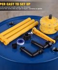 Heavy-Duty Barrel Pump Handles 15 To 55 Gallons Easy 10 Gpm Straight Up Fast Chemical Fuel Water Transfer Rock Solid Corrosion Resistant Polypropylene Pump with yellow handle and pipes.