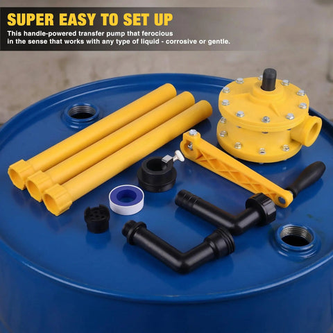 Heavy-Duty Barrel Pump Handles 15 To 55 Gallons Easy 10 Gpm Straight Up Fast Chemical Fuel Water Transfer Rock Solid Corrosion Resistant Polypropylene Pump with yellow handle and pipes.