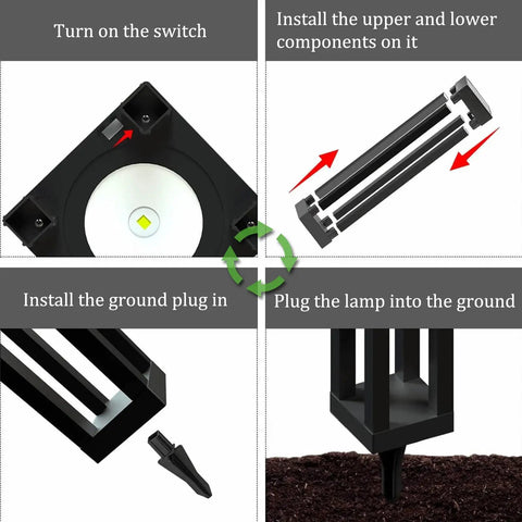 Installation steps for Outdoor Solar Floor Lanterns Set Of 2, Stainless Steel Black Lantern Lights for garden use.