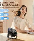 USB Desk Fan Portable Mini Personal Fan with 360 Degree Head on desk, woman enjoying breeze at home office