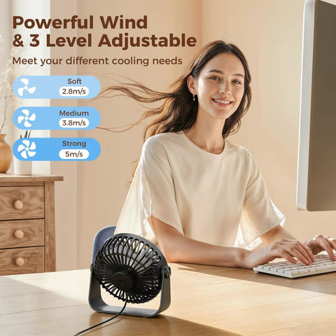 USB Desk Fan Portable Mini Personal Fan with 360 Degree Head on desk, woman enjoying breeze at home office
