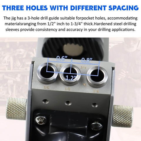 Pro Grade Pocket Hole Jig Kit With Dust Collection, Adjustable 15 Degree Holes, three-hole drill guide for varied spacing.