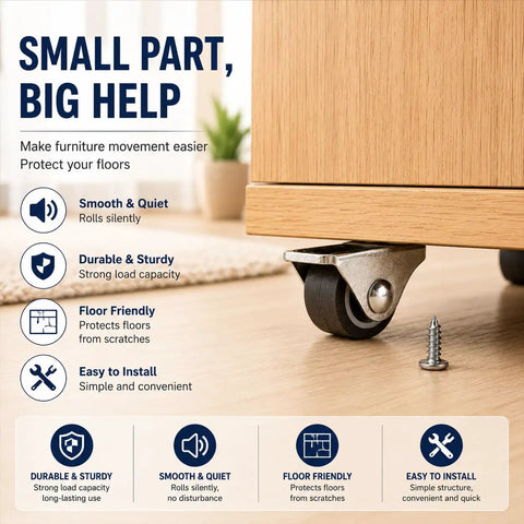 Mini Fixed Caster Wheels Set For Small Furniture And Appliances; non swivel rubber casters under furniture with screw visible