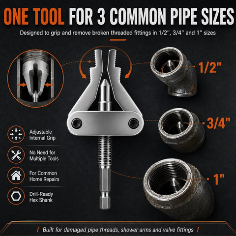 Heavy Duty Drill Powered Broken Pipe Thread Extractor And Three In One Bolt Remover Tool With Hex Shank Fits Impact Drives For Fast Plumbing Repairs On Job Sites, 1/2 3/4 1 inch