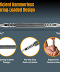 Slick Spring Loaded Dual Head Nail Setter With Center Punch For Precise Drilling And Marking Heavy Duty Hammerless Carpenter Tool Dead Simple Woodworking Essential That Knocks Off Nails No Sweat close-up of spring-loaded design with 1/16 inch tip.