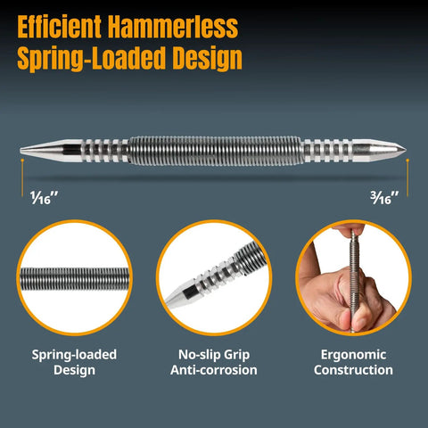 Slick Spring Loaded Dual Head Nail Setter With Center Punch For Precise Drilling And Marking Heavy Duty Hammerless Carpenter Tool Dead Simple Woodworking Essential That Knocks Off Nails No Sweat close-up of spring-loaded design with 1/16 inch tip.