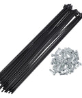 Universal Bicycle Spokes Set 13G 215Mm Length With Nipples Black 36 Pieces 45 Steel Built For Strong Wheels Easy Replacement Durable Nipples And Spokes Fits Most Bike Rims And Daily Ride Upgrades. Black bicycle spokes and silver nipples on white background.