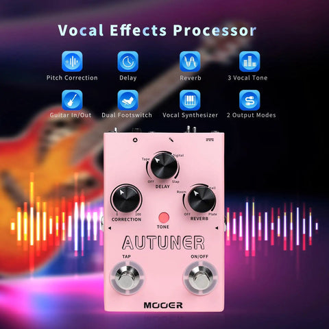 Image of Autuner Vocal Effects Pedal for Guitarists with Pitch Correction, Reverb, Delay, and Vocal Synth features listed.