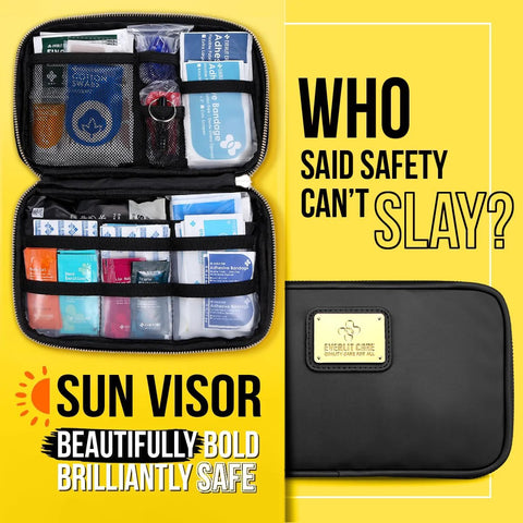 EVERLIT CARE car first aid kit in a black zippered case opened to reveal organized emergency supplies in mesh pockets