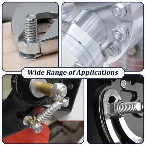 Various applications of the 345 Piece SAE Hex Nut and Lock Nut Kit in 304 Stainless Steel, showing hex nuts in use
