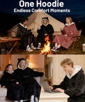 Adults wearing Wearable Blanket Hoodie For Adults With Flannel And Sherpa Lining, Extra Long Knee Length, Giant Pocket, at campfire and home.