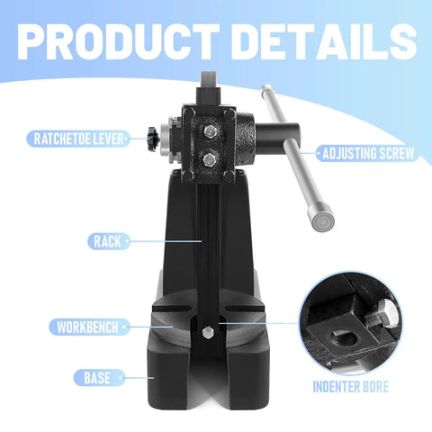 Heavy Duty 3 Ton Arbor Press With Ergonomic Handwheel And Non Slip Grip 12 Inch Tall Cast Iron Desktop Machine details on rack, lever, and base.