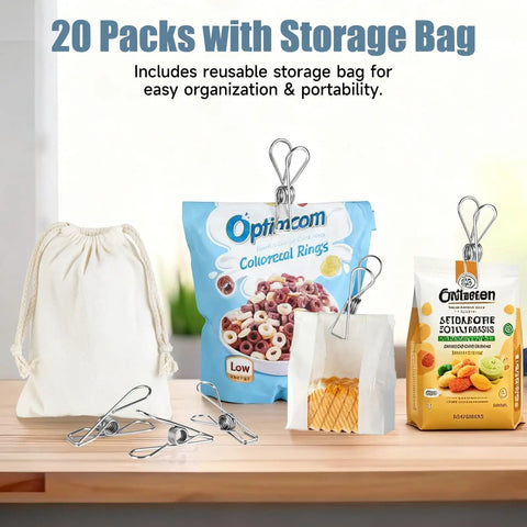 Built Like A Tank Heavy Duty Stainless Steel Clothes Pins 20 Pack with reusable storage bag for organizing food packets.