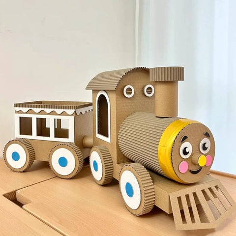 Cardboard train model made from Extra Wide Corrugated Cardboard Roll 17 Inch By 197 Inch Thick Single Face Sheets