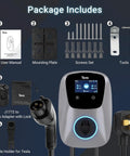 Top Tier Level 2 Electric Vehicle Charger For Tesla And All J1772 Models 48 Amp 240 V with user manual and accessories.
