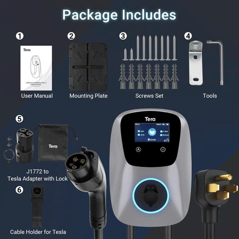 Top Tier Level 2 Electric Vehicle Charger For Tesla And All J1772 Models 48 Amp 240 V with user manual and accessories.