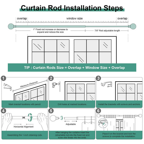 Illustrated curtain rod installation steps for Imitation Wood Grain Ball Curtain Rod Set With Brackets Built Tough 1 Inch Adjustable Drapery Rods For Windows Fits 36 To 150 Inches Boho Rustic Finish For Living Room Bedroom Kitchen And Seasonal Window Treatments