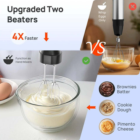 Kickstart Your Kitchen Game With This Heavy Duty 5 In 1 Immersion Blender Featuring 1100W Motor And 21 Speed Settings Plus Turbo Mode; two beaters mixing whipped egg whites in clear bowl.