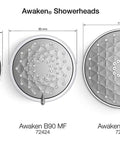 Diagram of Awaken showerheads, including G110 Multifunction, showcasing various sizes and spray modes with brushed nickel finish.