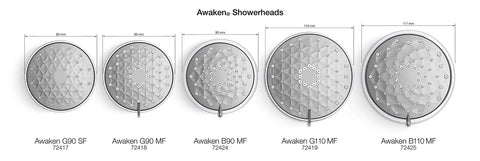 Diagram of Awaken showerheads, including G110 Multifunction, showcasing various sizes and spray modes with brushed nickel finish.