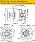Rock Solid Heavy Duty Planetary Gearbox With Helical Gears And Flange Output Reducer 24 Mm Input For Nema Stepper Servo Motors At 50 To 1 Ratio Plug And Play Ready schematic drawing with measurements.