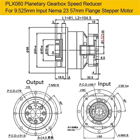Rock Solid Heavy Duty Planetary Gearbox With Helical Gears And Flange Output Reducer 24 Mm Input For Nema Stepper Servo Motors At 50 To 1 Ratio Plug And Play Ready schematic drawing with measurements.