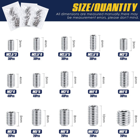 440Pcs Metric Set Screw Kit Tough Stainless Steel Hex Allen Head Grub Screws M2.5 To M8 With 6 Hex Keys shown by size and quantity