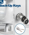 Smart Door Lock With Keypad And Fingerprint, App Control For Quick Entry, shown on door with backup keys beside it