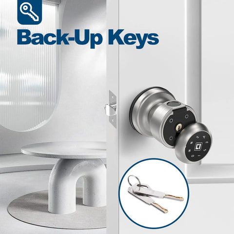 Smart Door Lock With Keypad And Fingerprint, App Control For Quick Entry, shown on door with backup keys beside it
