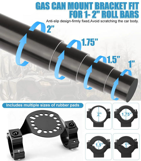 Upgraded RX LOX PM Gas Can Pack Mount With Key Locking for Rotopax, fits 1-2 inch roll bars, with multiple rubber pad sizes.