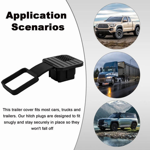 Flag Emblem Trailer Hitch Cover For 2 Inch Receivers shown with cars and trucks on different terrains, black color.