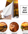 No Sweat Peel And Stick Wall Murals Featuring Rustic Barn Sunset Autumn Print Self Adhesive Vinyl Removable Stickers for Boys Girls Bedrooms Easy Room Refresh Makeover showing peel and stick application process.