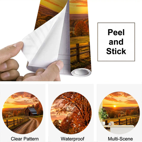 No Sweat Peel And Stick Wall Murals Featuring Rustic Barn Sunset Autumn Print Self Adhesive Vinyl Removable Stickers for Boys Girls Bedrooms Easy Room Refresh Makeover showing peel and stick application process.