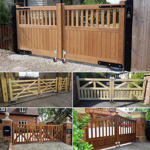 Various wooden gates with Spring Loaded Gate Casters 5 Inch Rubber Tire Heavy Duty Gate Caster Wheels With Hardware installed