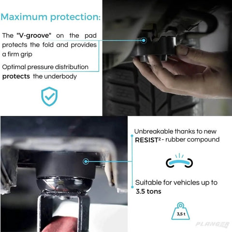 Power Pad Flat Premium Rubber Jack Pad installation under vehicle for car safety on hydraulic jack, showing grip and protection