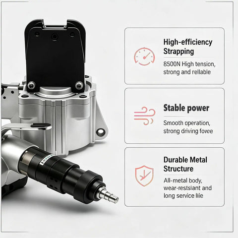 Close-up of Heavy Duty Pneumatic Steel Strapping Machine with durable metal structure, showing tensioner and power features.