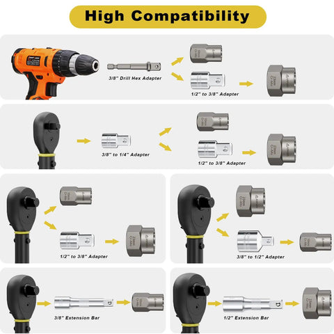 Heavy Duty 24 Piece Bolt Extractor Kit With One Half Inch And Three Eighth Inch Drive For Impact Removal of Stripped Bolts Compatibility Chart