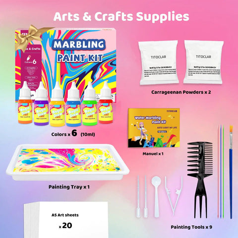 Water Marbling Paint Kit For Kids With 6 Vivid Colors, 16ml Each, Paper Sheets, Needles, Pipette, Spreader, Tray And Manual, A Fun STEM Arts And Crafts Gift For Boys And Girls Ages 3 To 12, Perfect Stocking Stuffers And Birthday Treats, kit contents shown